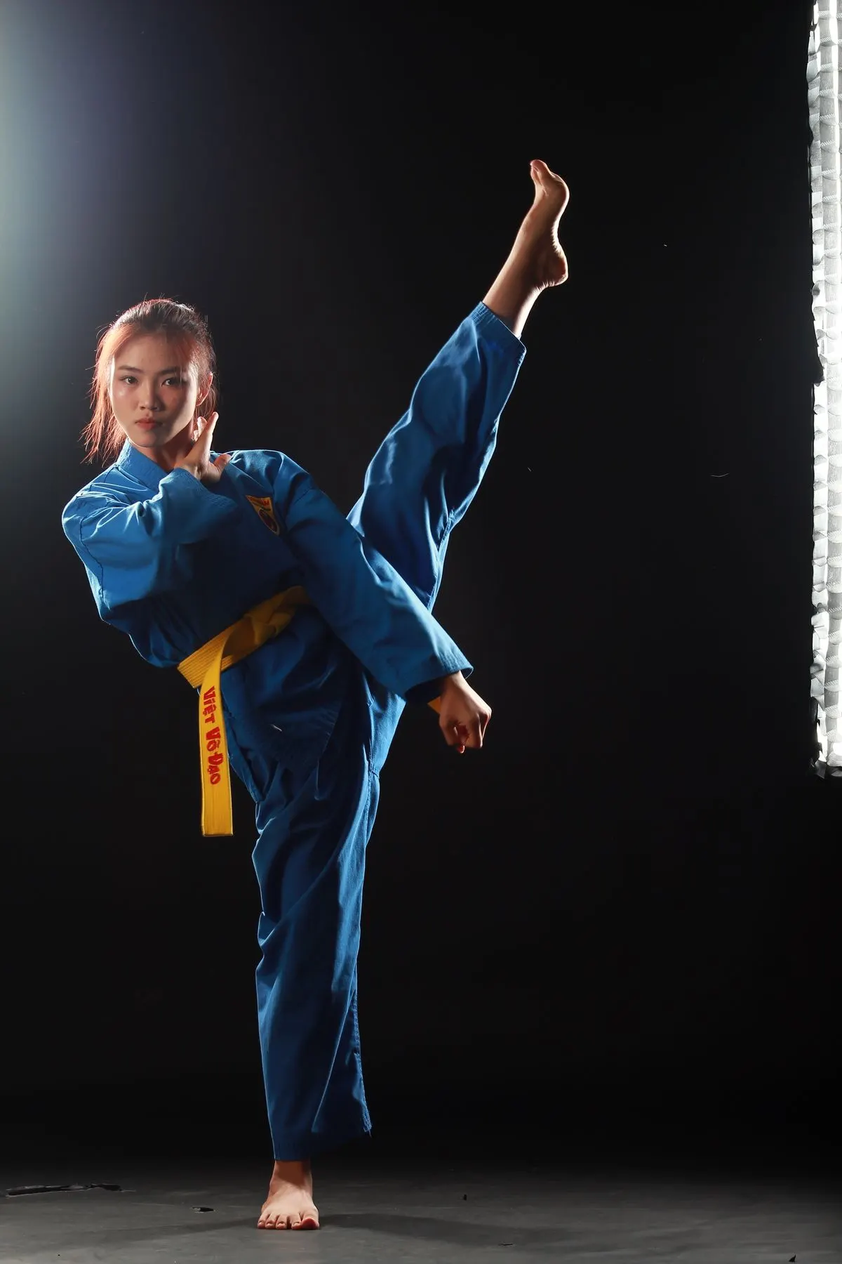 A taekwondo athlete performing a high side kick